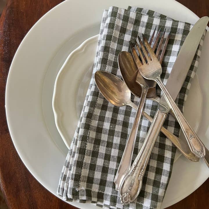 Heirloomed Collection - Wholesale Dinner & Cloth Napkin - Linen Dinner Napkin - Woven Mini Gingham in Olive