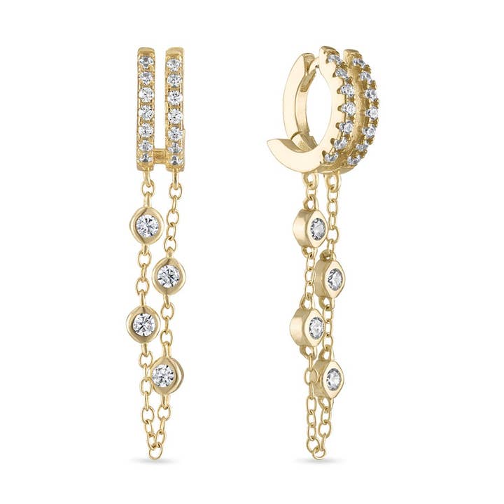 Emily Volaski – Engroshandel Huggie-øreringe – 14k Vermeil Dobbelt Kæde Dingle Drop Huggie Øreringe0