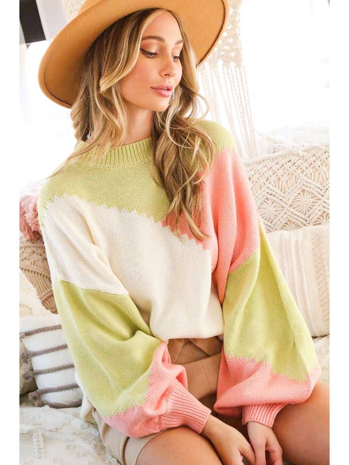 Vine & Love - Wholesale Knit Sweater - Women's - Color Block Round Neck Chunky Knitted Sweater Top VT8101726