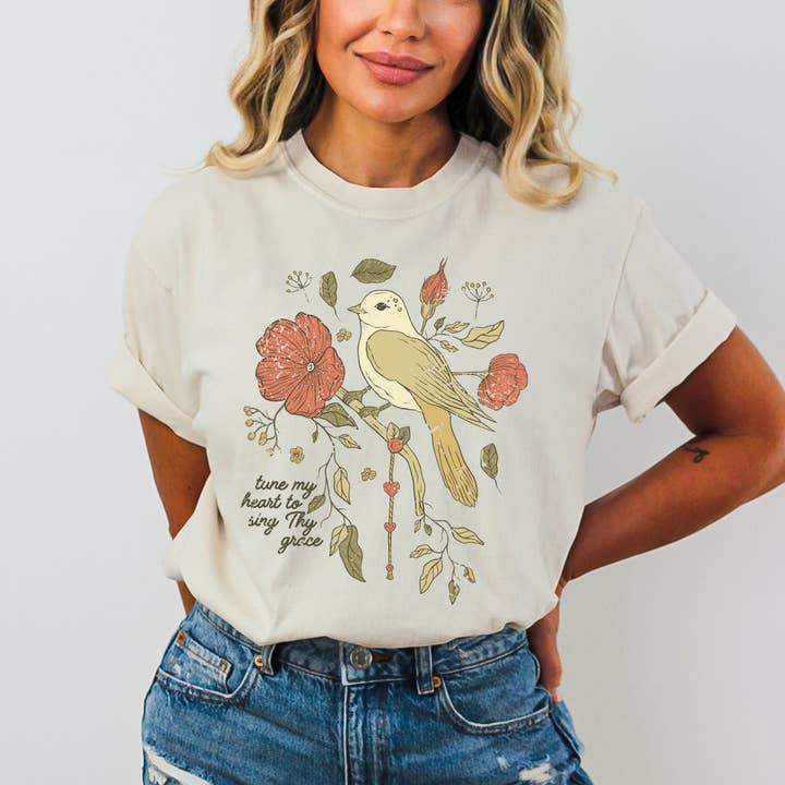 Scripted Pearl - Wholesale T-Shirt (Graphic) - Women's - Tune My Heart with Bird Comfort Colors Christian Graphic Tee15