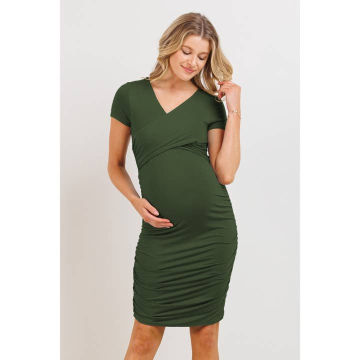 Ruched Surplice Short Sleeve Nursing Bodycon Dress for wholesale by Hello Miz