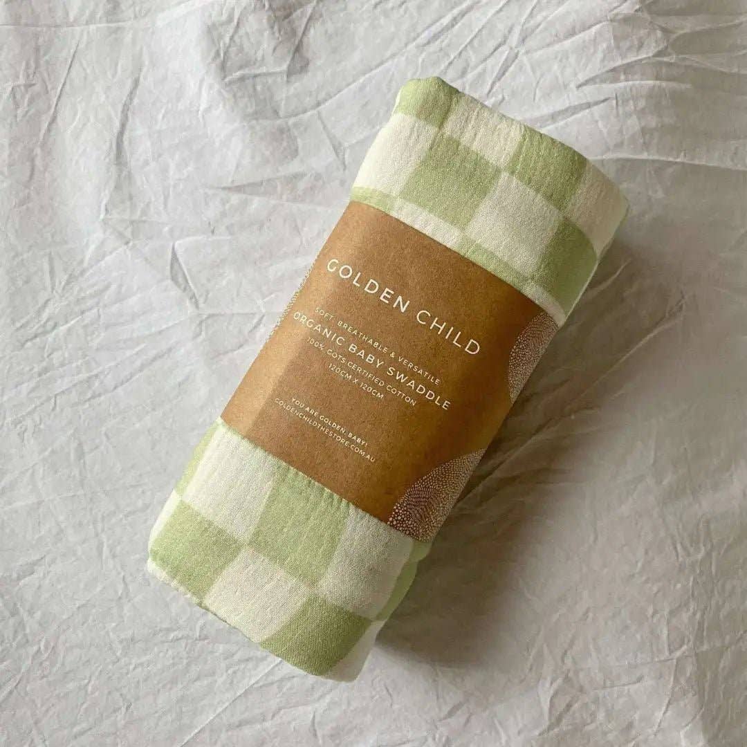 Golden Child - Wholesale Swaddle - Baby -  Wavy Baby Checked Organic Cotton Baby Swaddle - Lime1