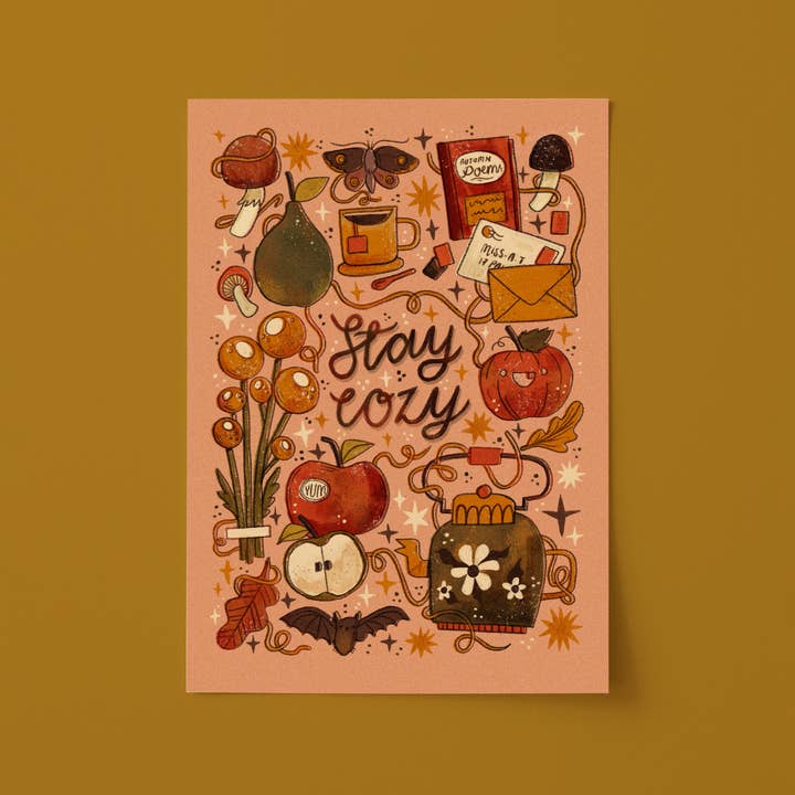 A5 kunsttryk | Stay Cozy Cute Cute Efterårskunsttryk for engroshandel hos Stephanie Kate Illustration