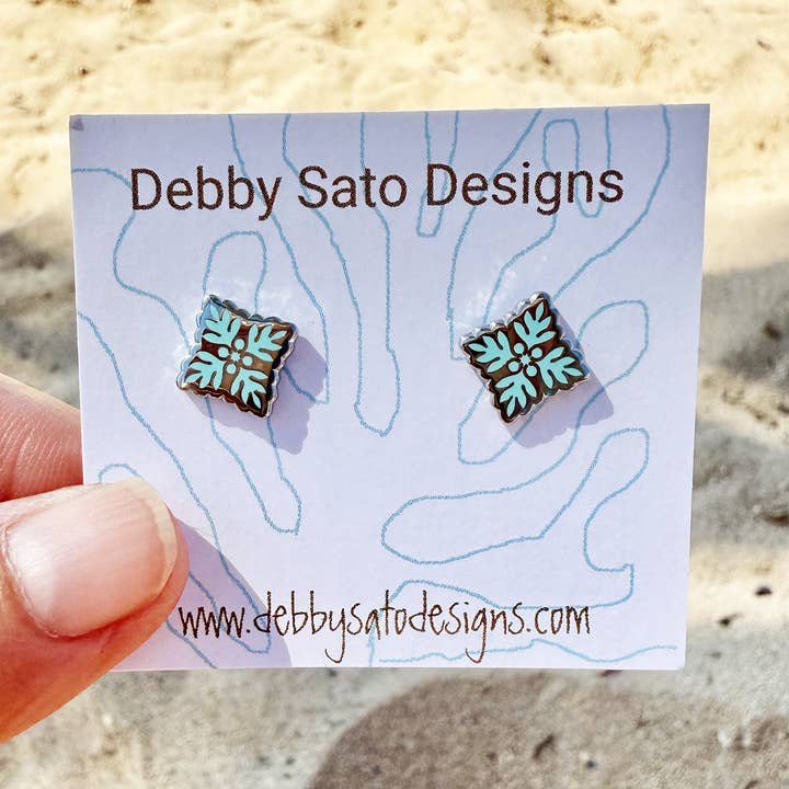 'Ulu (Breadfruit) Ulu Quilt Teal Stud Earrings for wholesale by Debby Sato Designs
