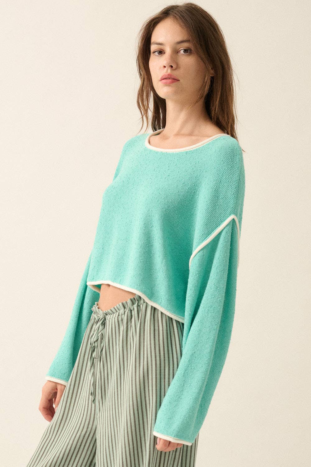 Promesa USA - Wholesale Knit Sweater - Women's - Loose Knit Boat Neck Exposed Seam Crop Sweater56
