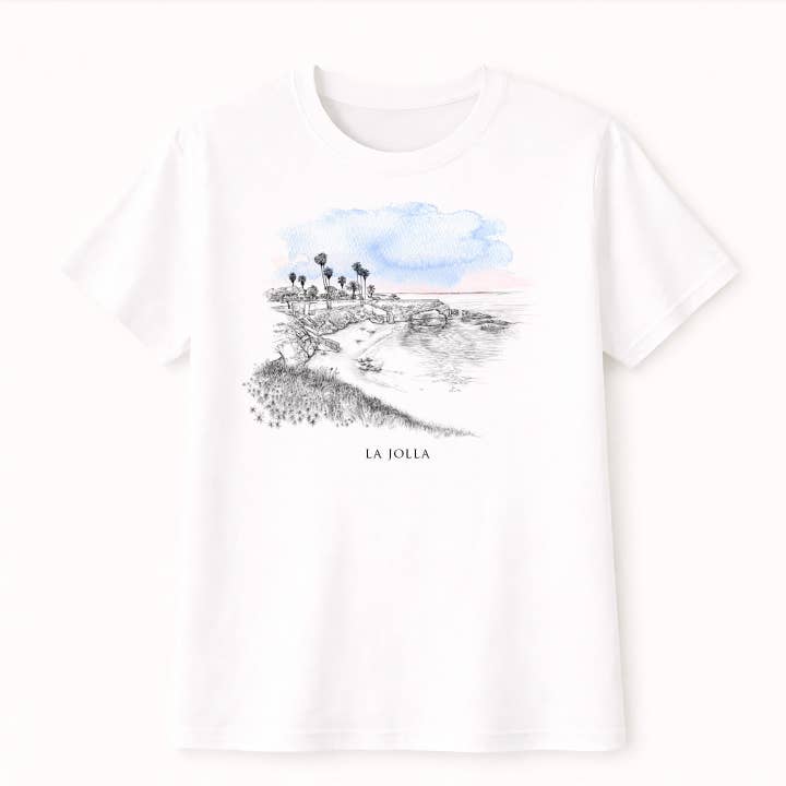 La Jolla Cove San Diego T-Shirt | California Coastal Surf Gift Shop Apparel | Hand-Drawn Souvenir Tee for wholesale by ArteCart