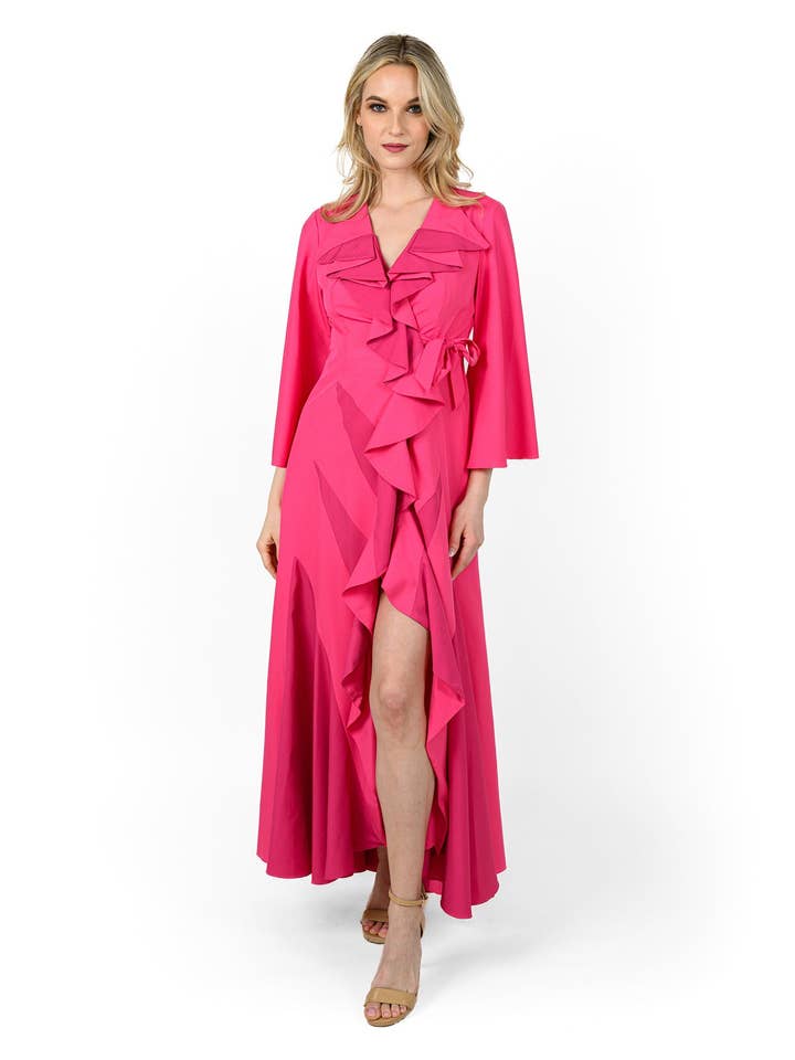 Robe longue en cascade sur le devant Godetted pour la vente par Cenia New York