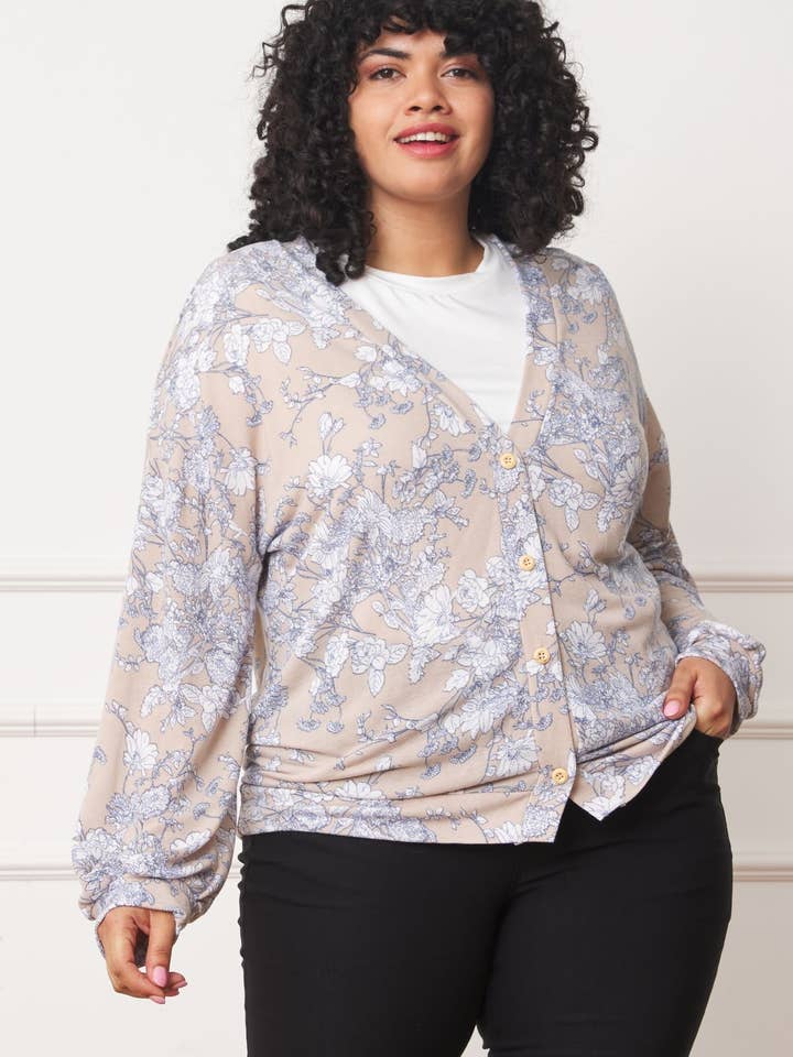 Cárdigan floral con hombros caídos y botones - grande para venta al por mayor de EG fashion