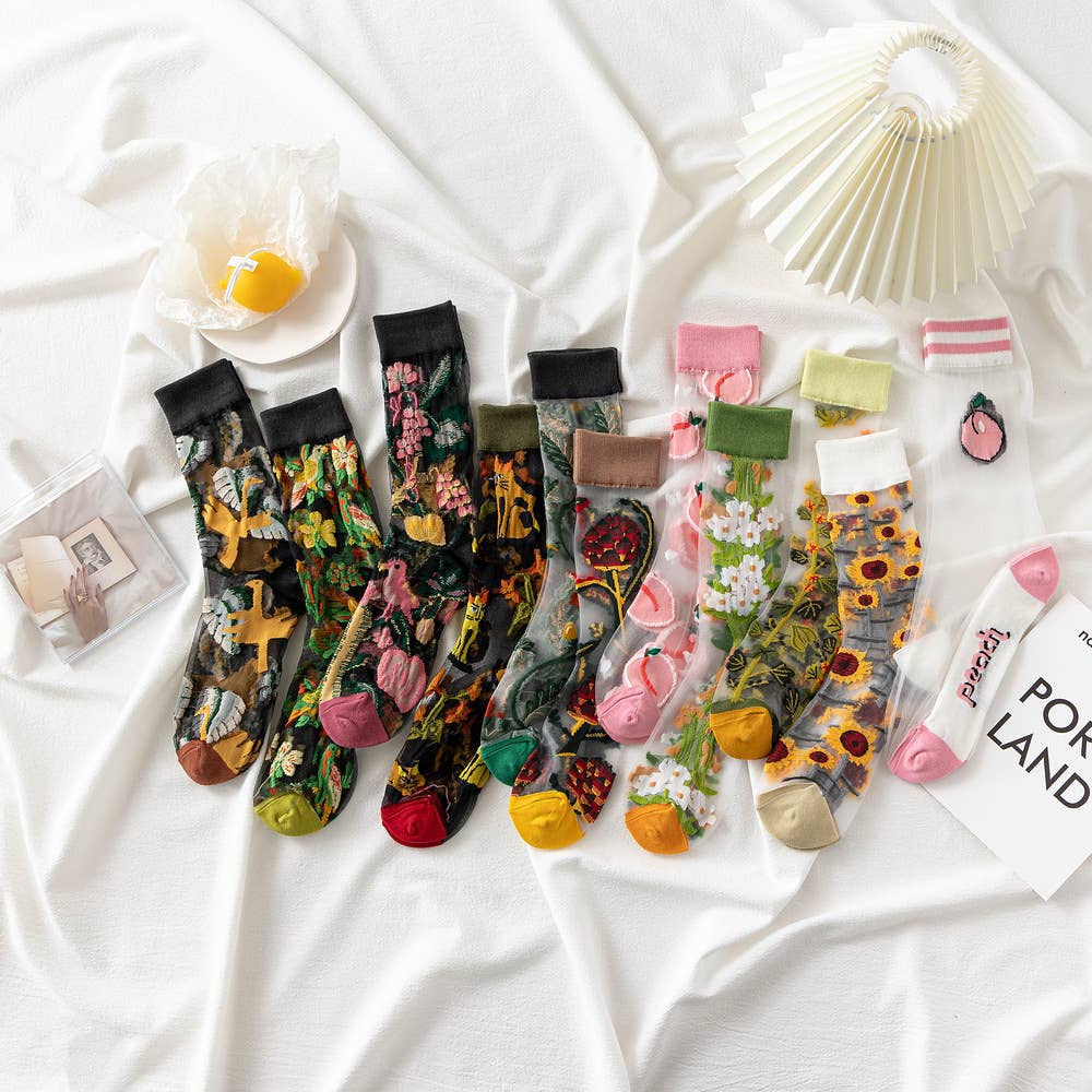 Tourtiwi - Wholesale Socks - Women's - Fruit Flower Animal Pattern Transparent Thin Summer Socks29