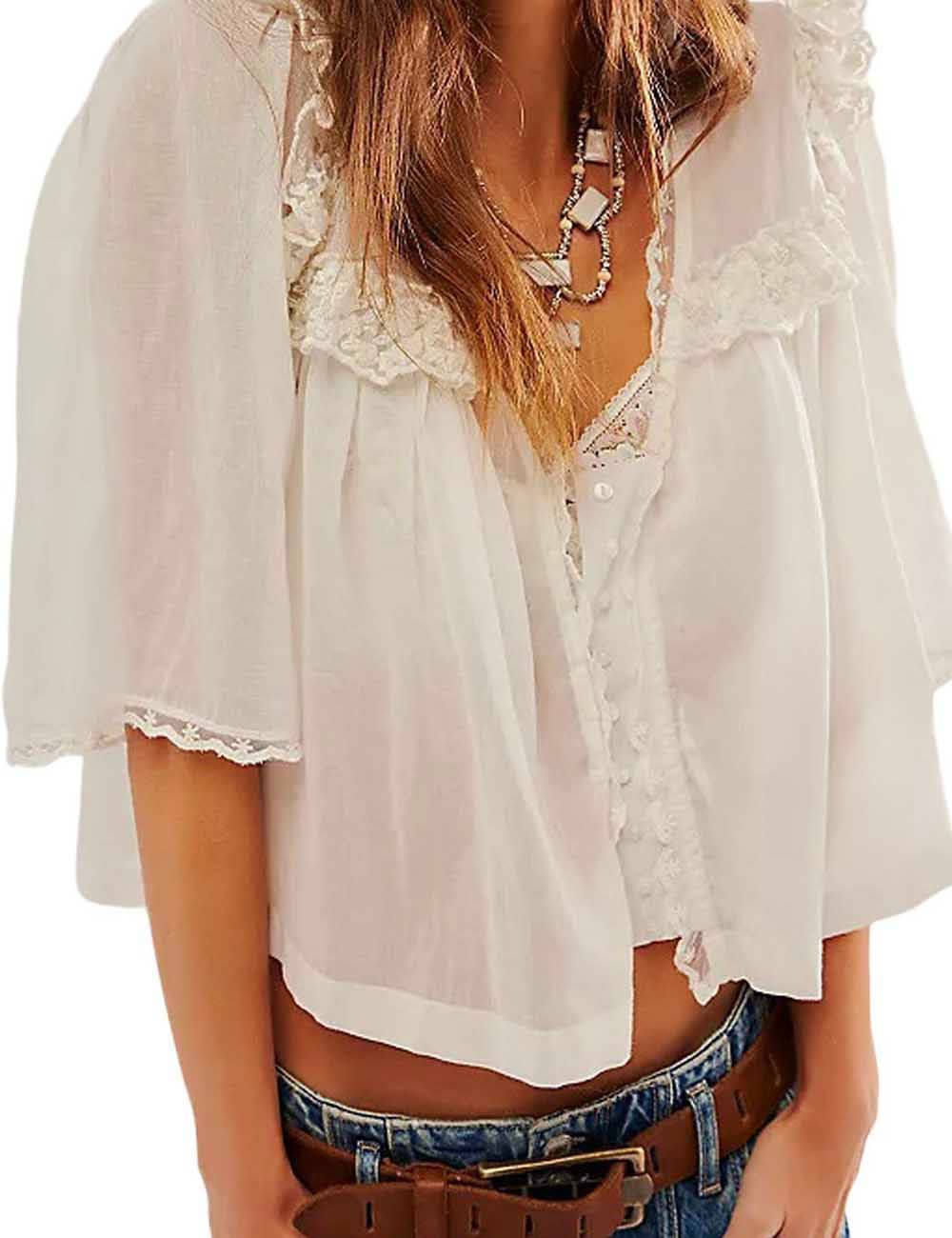 Sweetkama - Vente Chemisier – femme - Blouse en dentelle à manches courtes avec col Claudine pour femme2