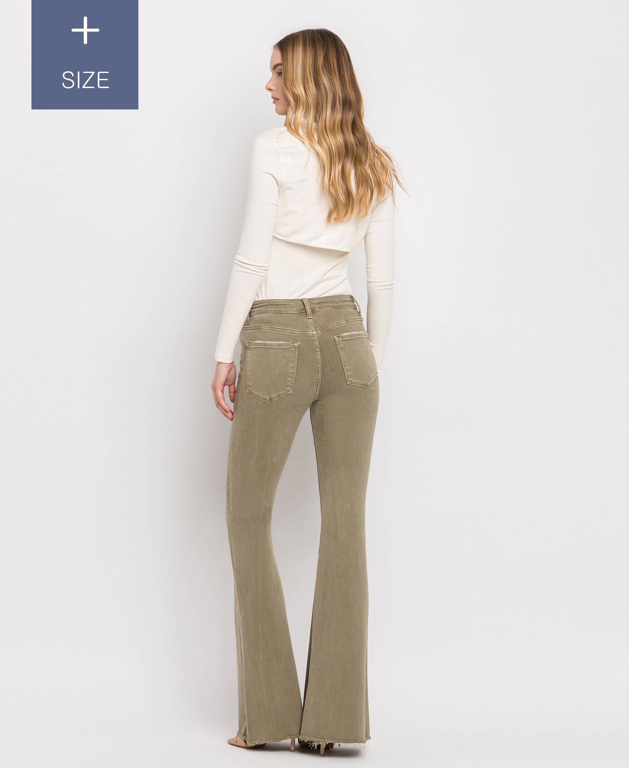 COVERT GREEN PLUS SIZE HIGH RISE SUPER FLARE JEANS V3084CG-P for wholesale on Faire7