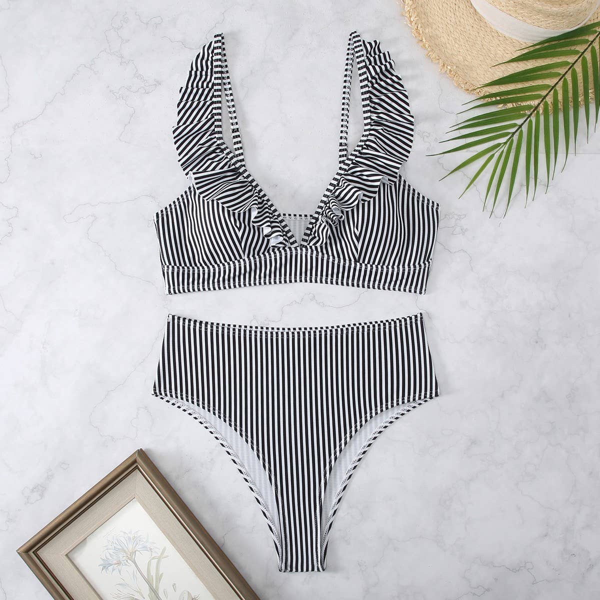 ACCITY - Wholesale Two Piece Swimsuit - Women's - High-Waisted V-Neck Ruffled Bikini Swimsuit_CWMW020013