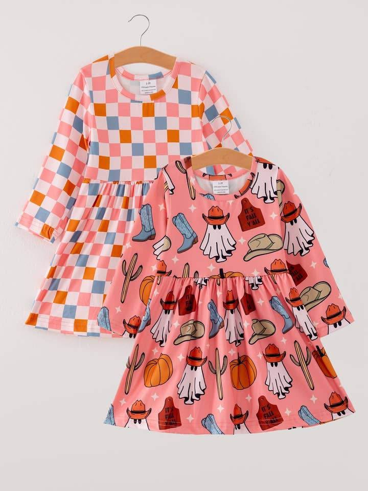 Halloween Girls Set Of 2 Pcs In One Package Girls Colorful Plaid Ghost Print Dress for wholesale by Rylee Faith Designs