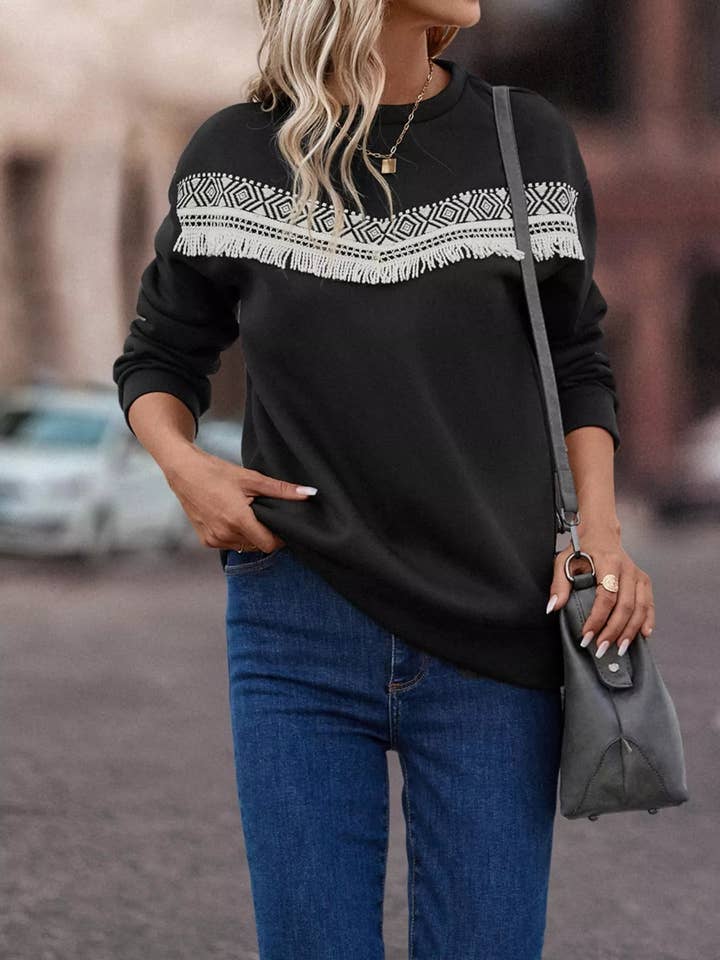 Black Fringe Trim Crew Neck Sweatshirt for wholesale on Faire6