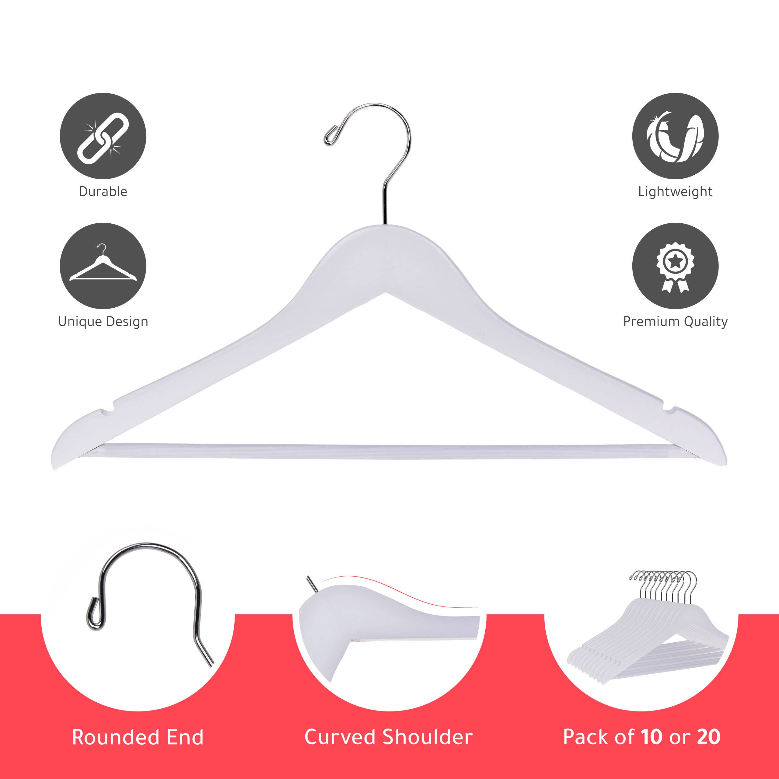 Quality Hangers - Wholesale Clothes Hangers - W040 Semi Curved Wooden Hanger, 17.5" White - 905