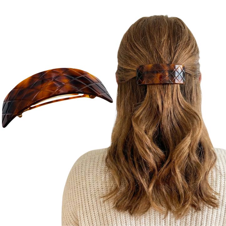 French Amie Wide Quilted Rectangular Barrette 3.5" Handmade Cellulose Acetate Hair Clip for wholesale by Parcelona