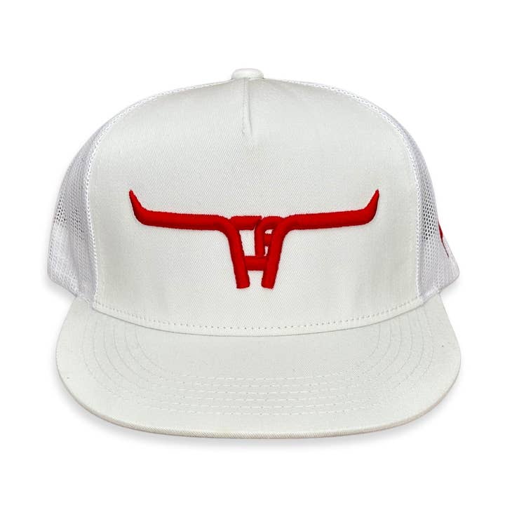 Casquette Snapback Rouge Longhorn CA à Visière Rembourrée en Maille Blanche 2024 pour la vente par Cactus Alley Hat Co.