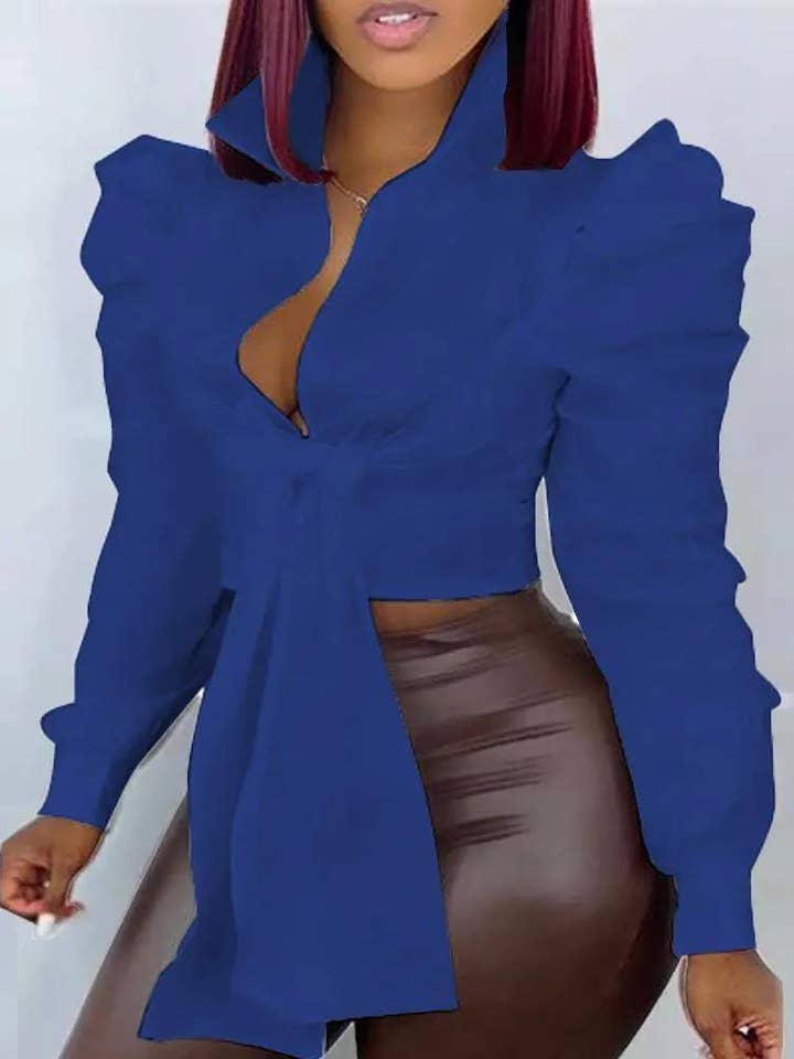 buttoned puff sleeve tied detail top for wholesale by Queen Fashion