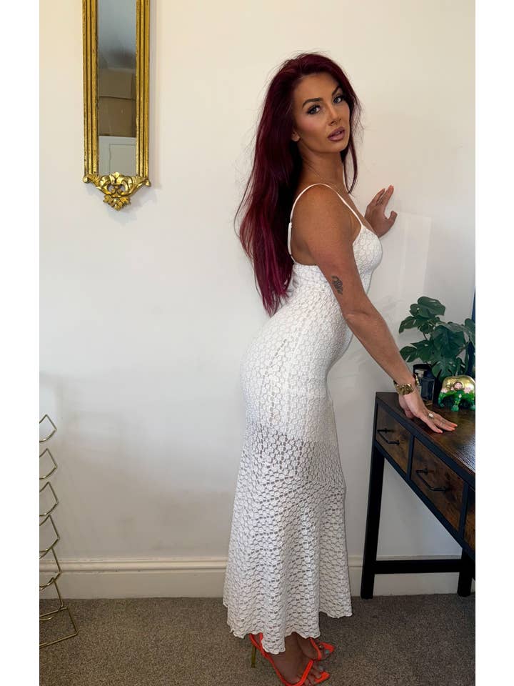 White Lace Strappy Bodycon Elegant Layered Midi Dress - Rosantha for wholesale on Faire3