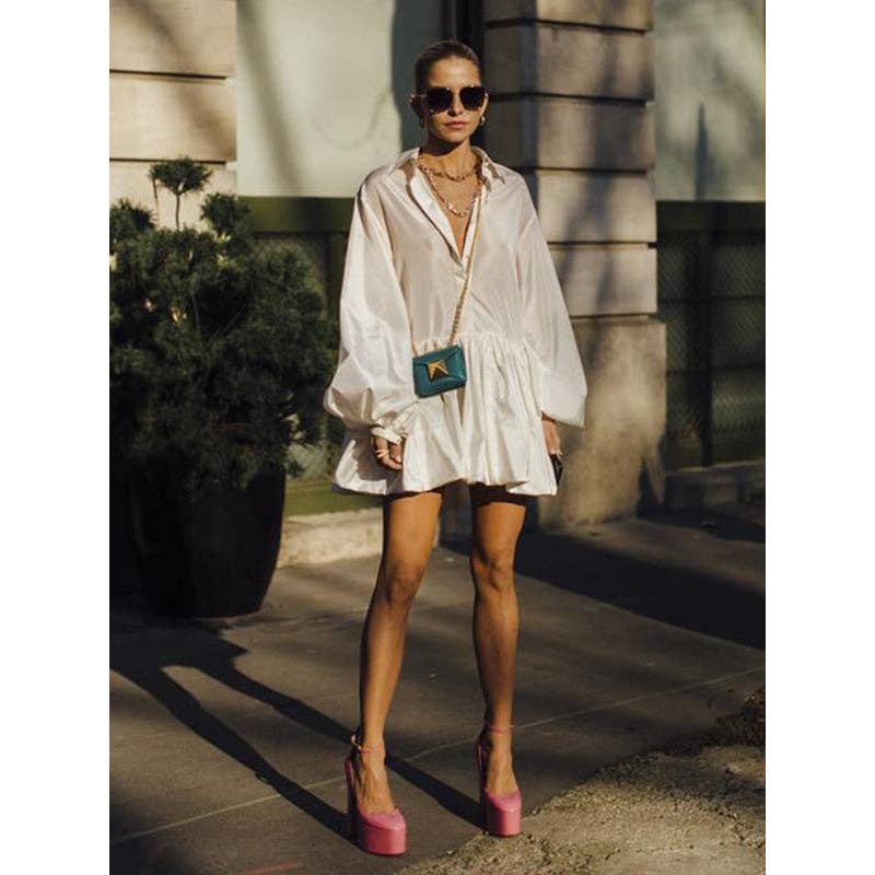 Sheer Trend - Wholesale Dress - Women's - Urban Puff Sleeves Buttoned Split-Joint Solid Color Lapel Mini Dresses Shirt Dress11