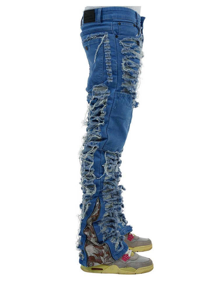 Denim Dawn Damaged Flared Stacked Jeans for wholesale on Faire2