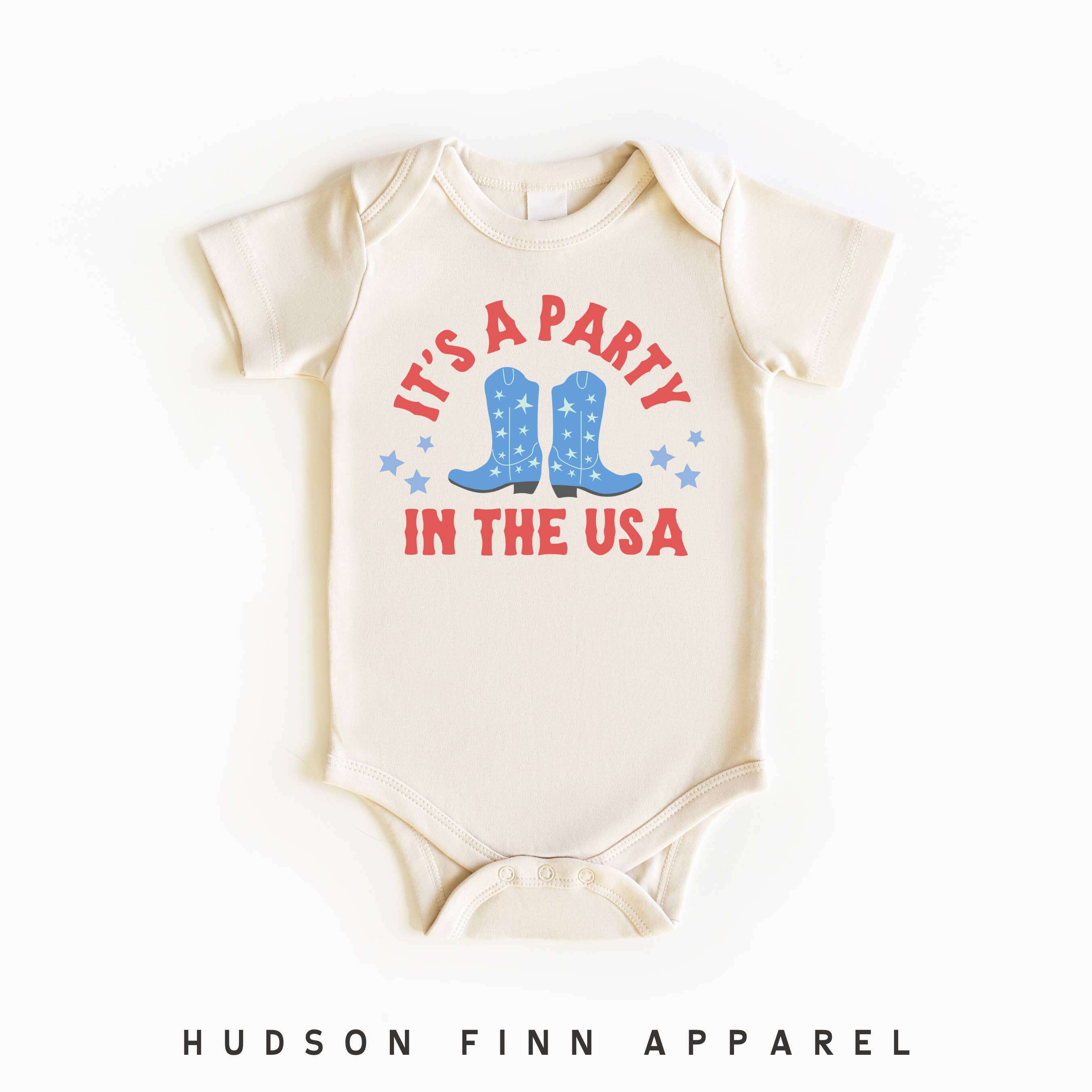 Hudson Finn Apparel - Wholesale Bodysuit (Non-Footed) - Baby - It's A Party In the USA Baby Onesie, Cowboy Boots Bodysuit
