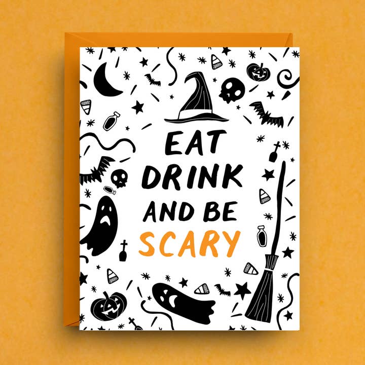 Carte d'Halloween – Mangez, buvez et soyez effrayant pour la vente par Nicole Marie Paperie
