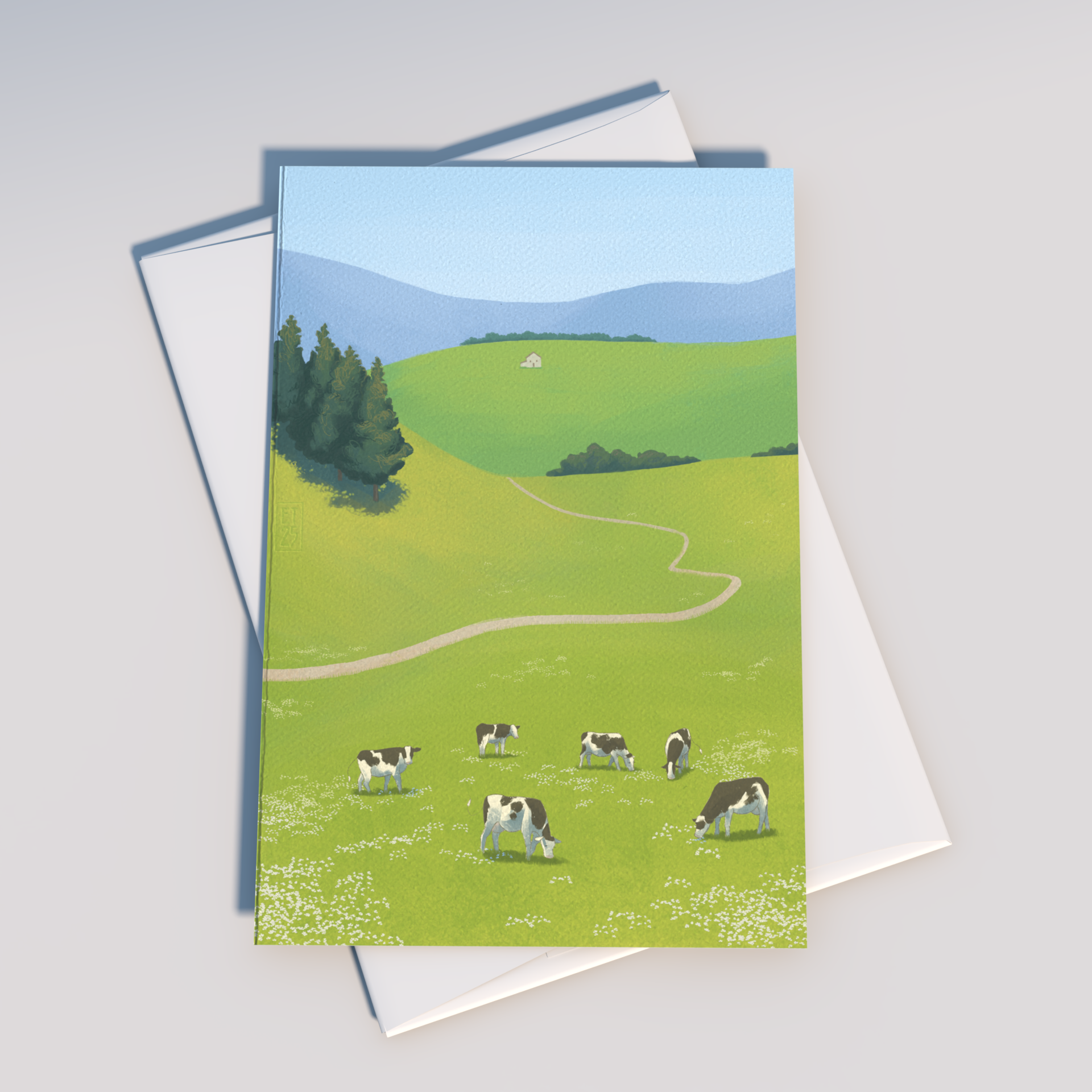 Tiday Art - Wholesale Everyday Greeting Card - Greener Pastures - A6 Greeting Card Pack of Cows Grazing6