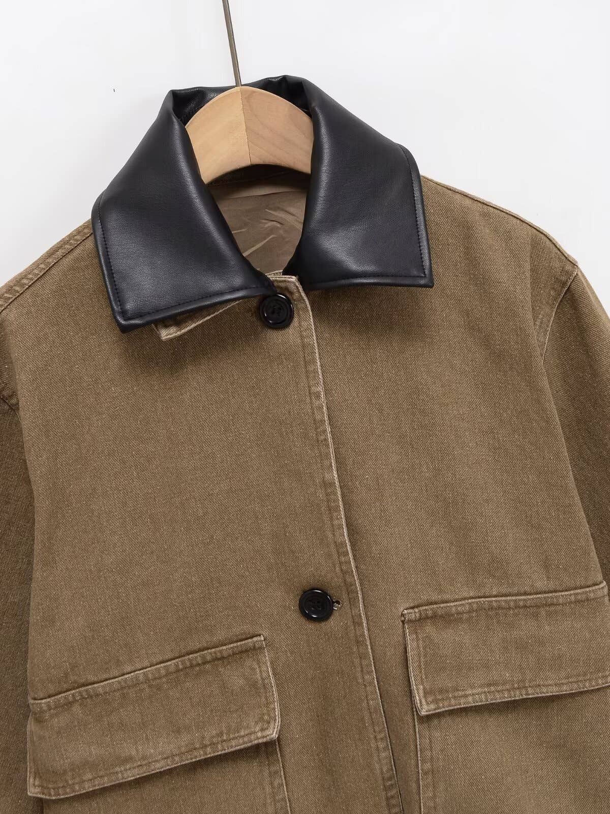 KHAKI Stitching collision color lapel denim jacket for wholesale on Faire2