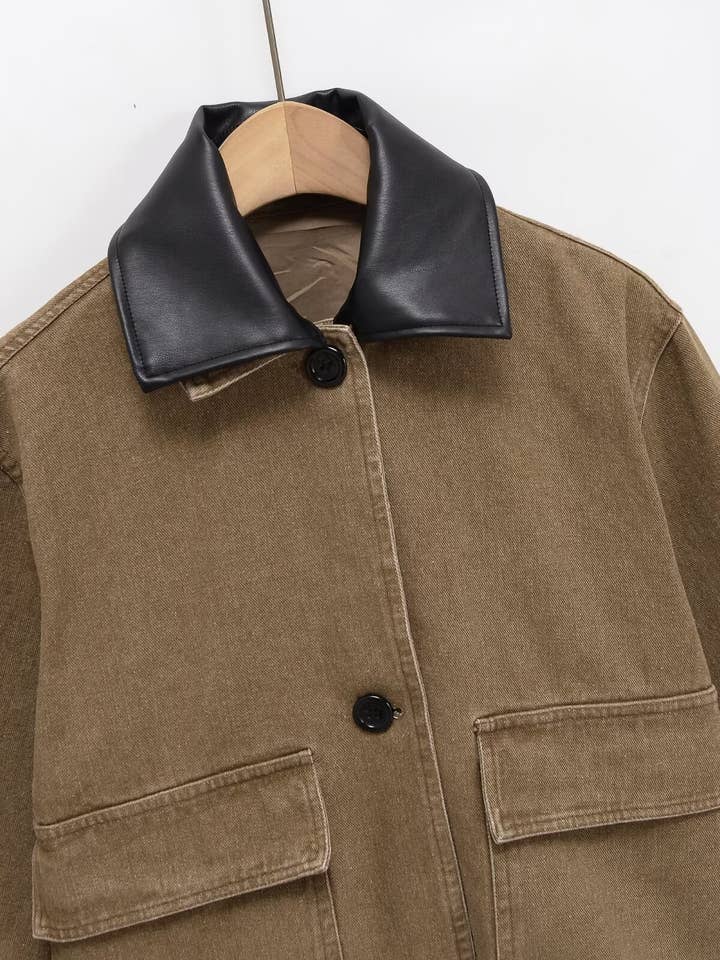 KHAKI Stitching collision color lapel denim jacket for wholesale on Faire2