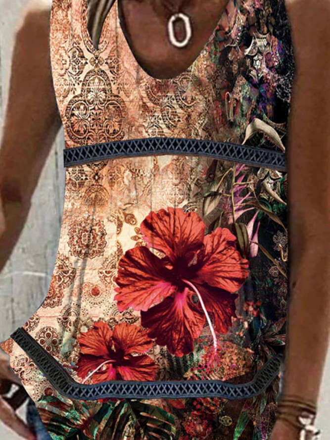 UNISHE - Wholesale Tank Top - Women's - Printed V Neck Lace Splicing Tank Top ZZKF8904