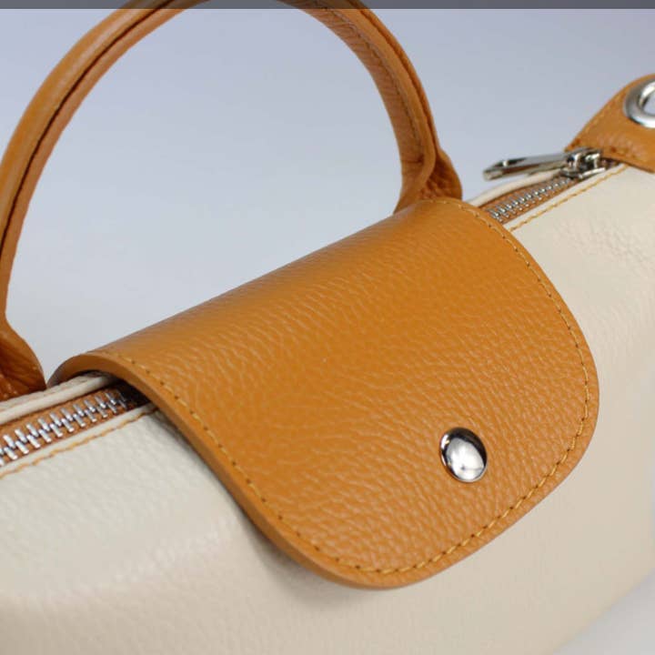 JIJOU CAPRI - Wholesale Top Handle Bag - Women's - LOLOCR Italian Leather Cream Small Handbag with Snap Closure