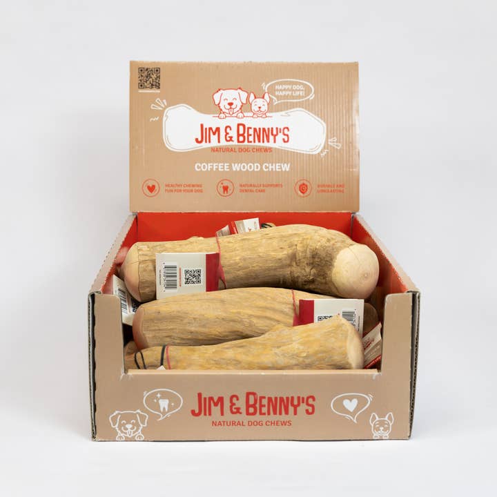 Jim and Benny's - Wholesale Pet Chew Toy - Dog - Coffee Wood Chew Shelf Display1