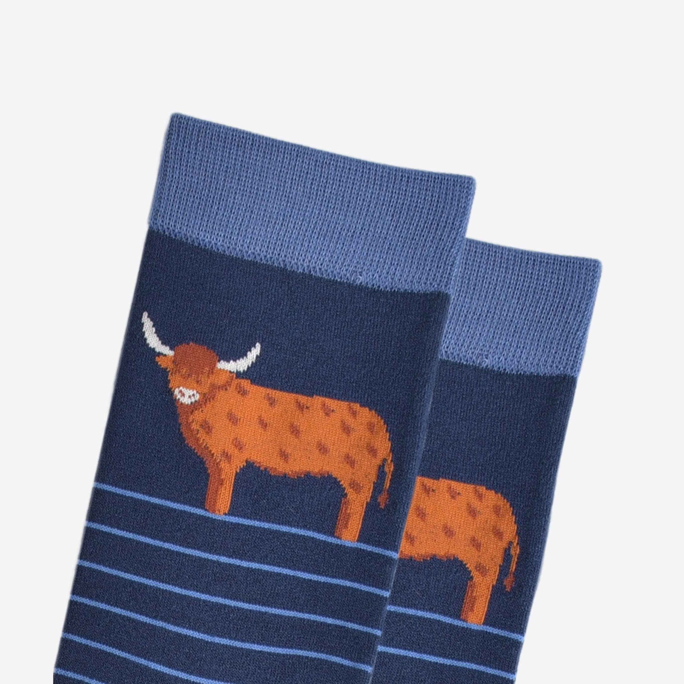 Sock Talk - Wholesale Socks - Men's - Men's Bamboo Socks - Navy Blue, Highland Cow Stripe2
