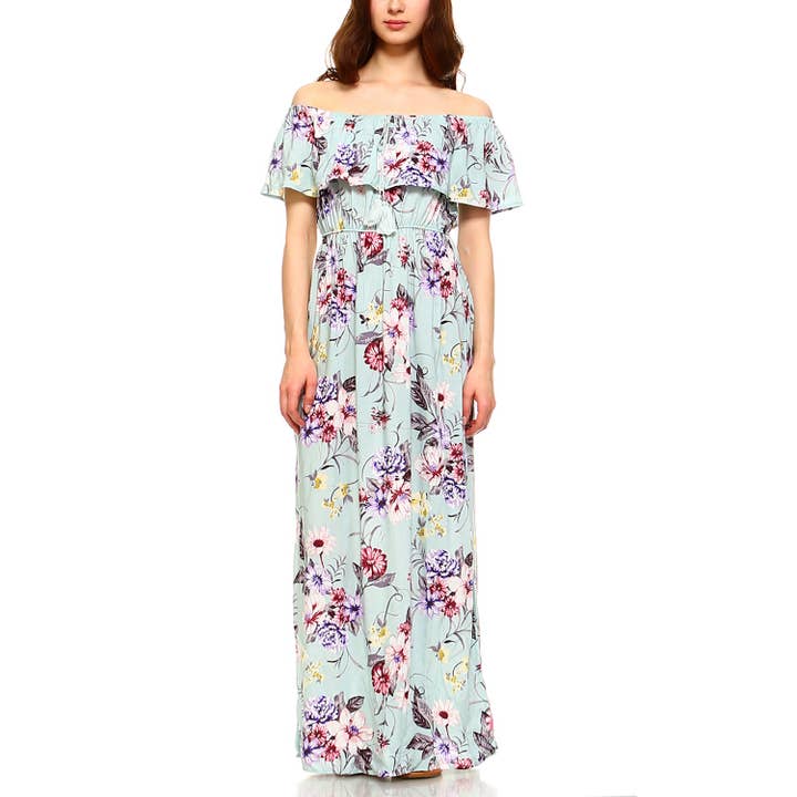 FLORAL PRINT OFF SHOULDER MAXI DRESS for wholesale by JHP Collection