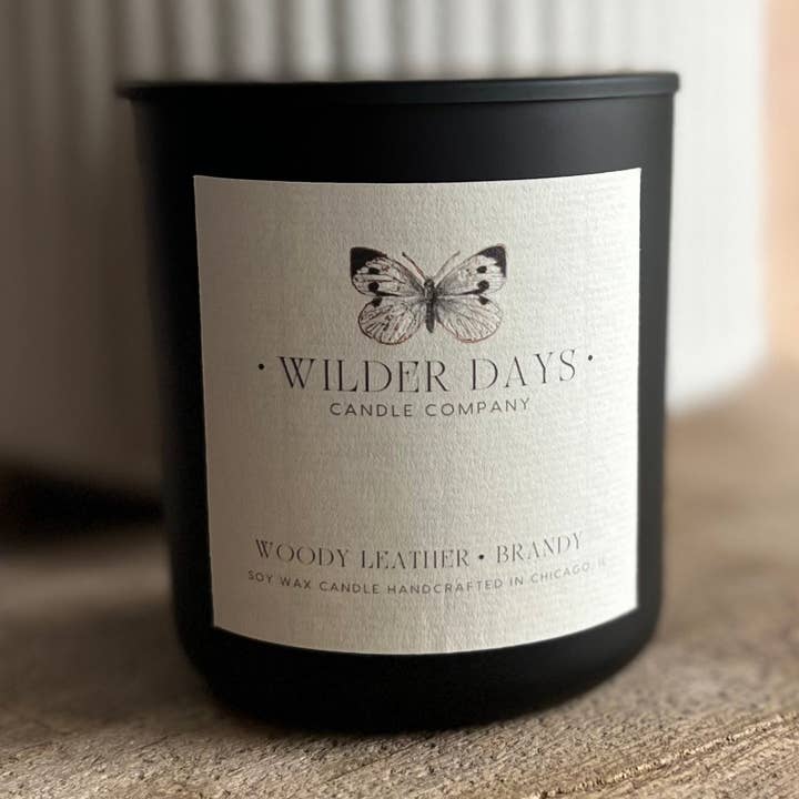 Woody Leather & Brandy X Wood Wick Soy Candle for wholesale by Wilder Days Candle Company