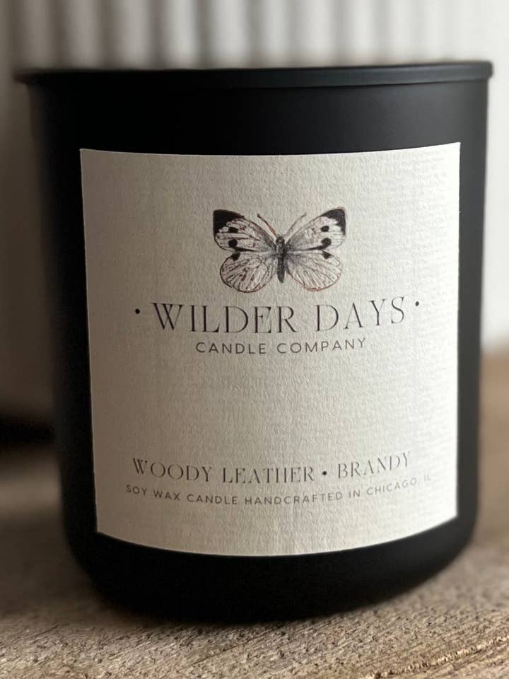 Woody Leather & Brandy | Wood Wick Soy Candle for wholesale by Wilder Days Candle Company