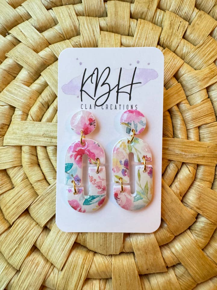 Pink Floral Chain Dangle Clay Earrings for wholesale by KBH CREATIONS