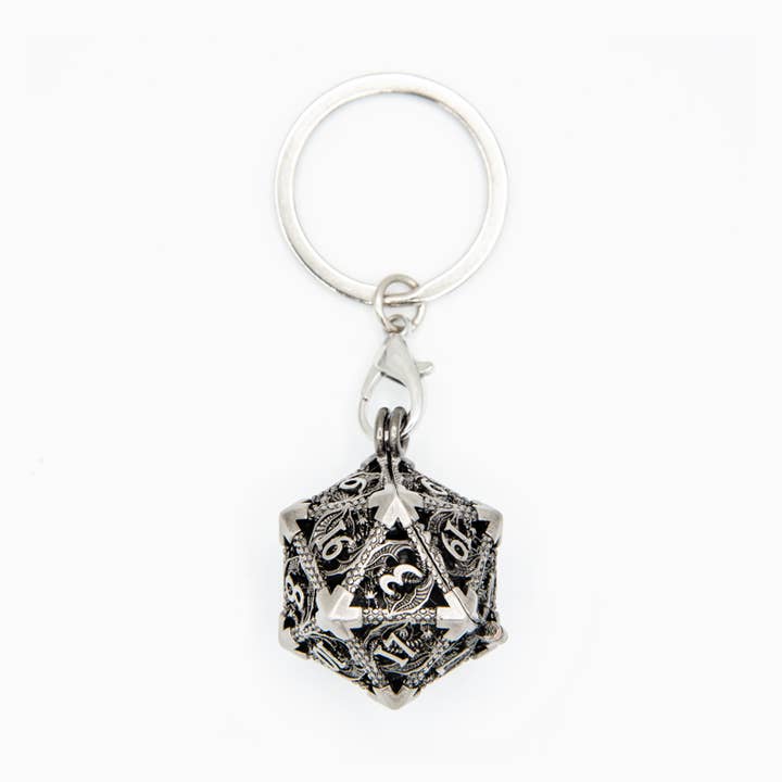 Wyvern's Vault | D20 Keyring w/Mini Dice | Nickel for wholesale by Tabletop Dominion Limited