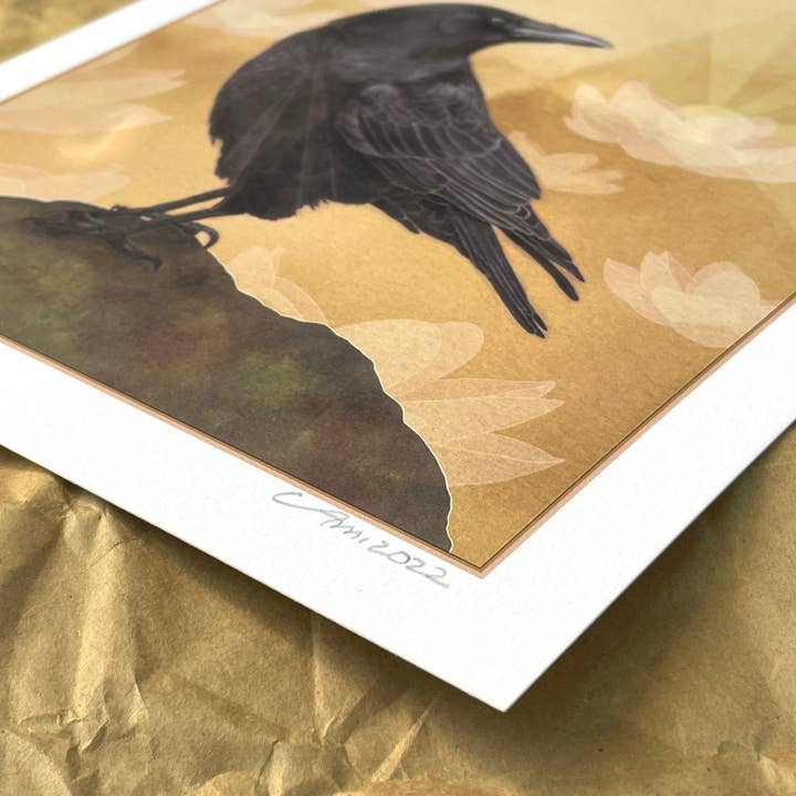Amy Rose Moore Illustration - Wholesale Art Print - Crow and Lotus Flowers - 8x10 Archival Fine Art Print1