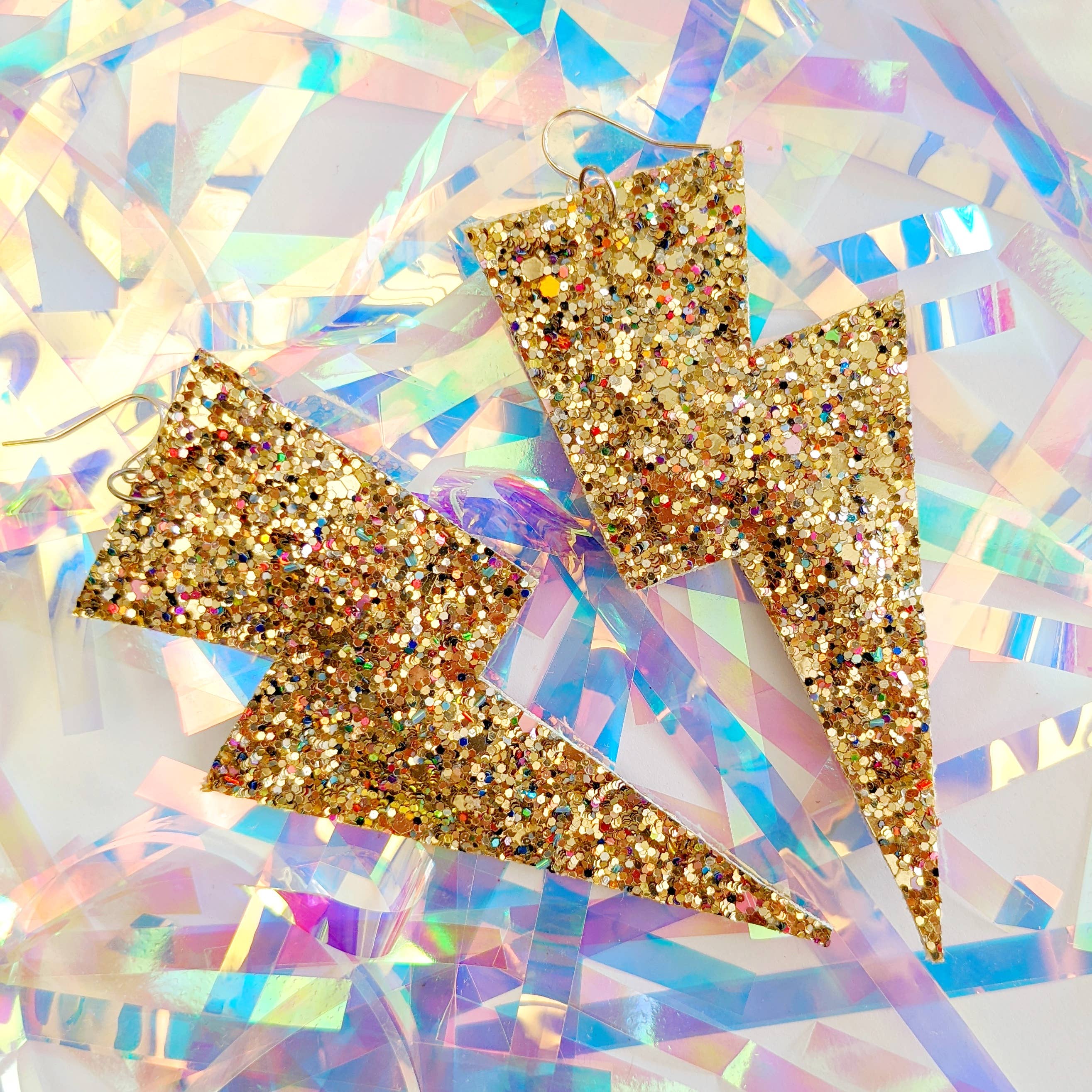 All The Discos - Wholesale Dangle Earrings - Large Crushed Pearl Gold Glitter Lightning Bolt Earrings1