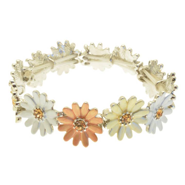 Weißes, oranges und gelbes elastisches Gänseblümchen-Armband für den Großhandel von Miss Milly Limited