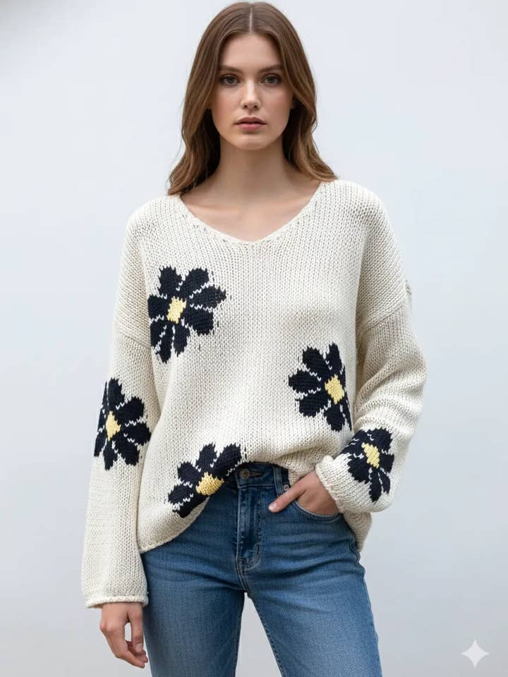 Cotton sweater with floral patterns @306930_CottonSweaterFlowers for wholesale by Mimi & Gogo
