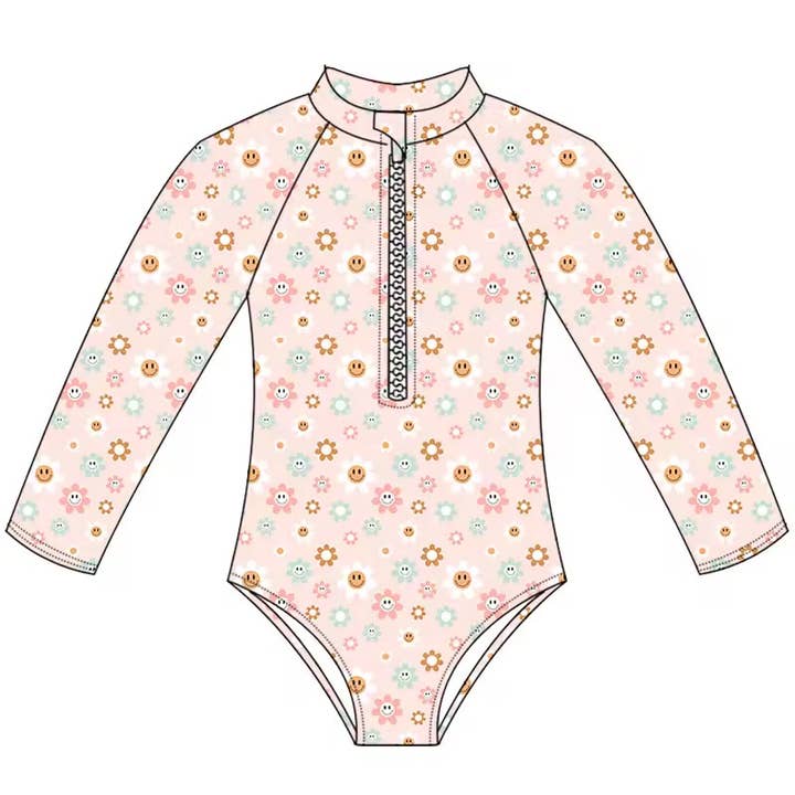 Blush Break – Retro Floral Rashguard Swimsuit for wholesale by Uncommon Lane