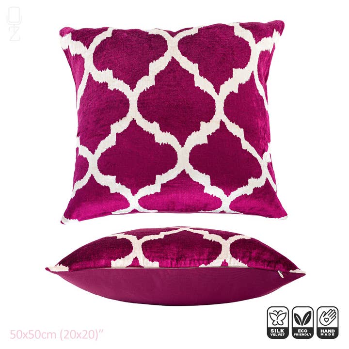 OyzShop - Vendita all'ingrosso Fodera cuscino decorativo - Fodera per cuscino tradizionale in velluto di seta Ikat 100% fucsia