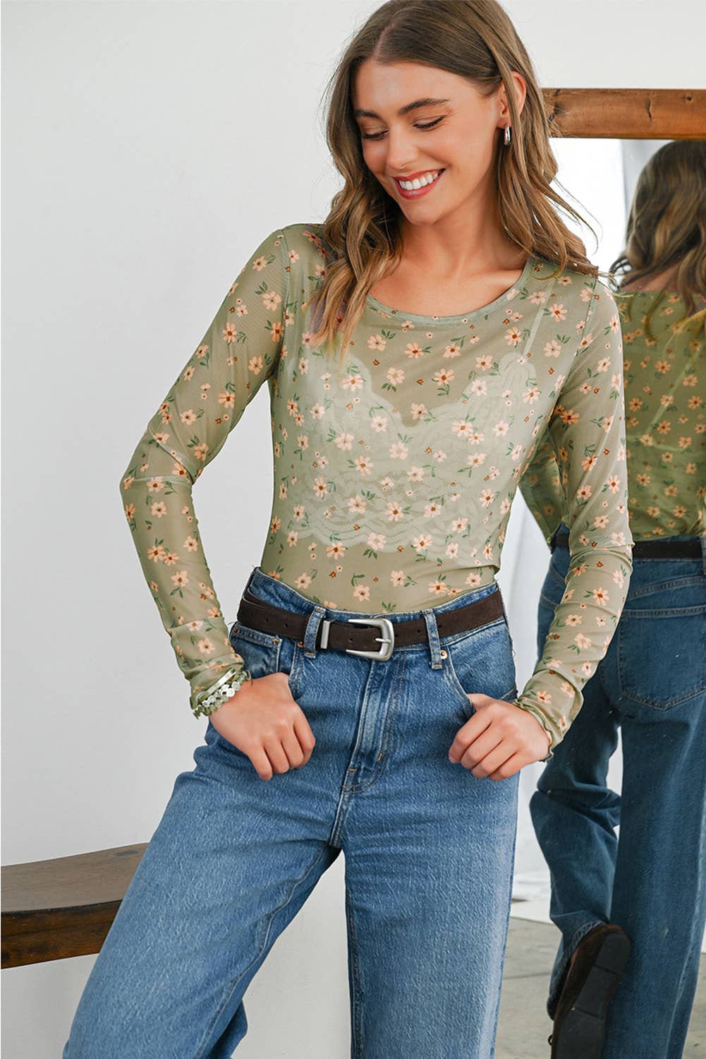 Aapparella - Vente Chemisier – femme - Haut à manches longues en mesh à imprimé floral vintage | S-XL7