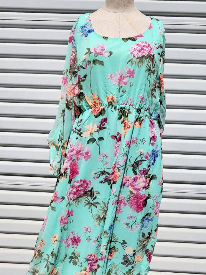 VD5937K - KVINDE BLOMSTRET PRINT ELASTISK TALJE MIDI KJOLE for engroshandel hos Shopin LA