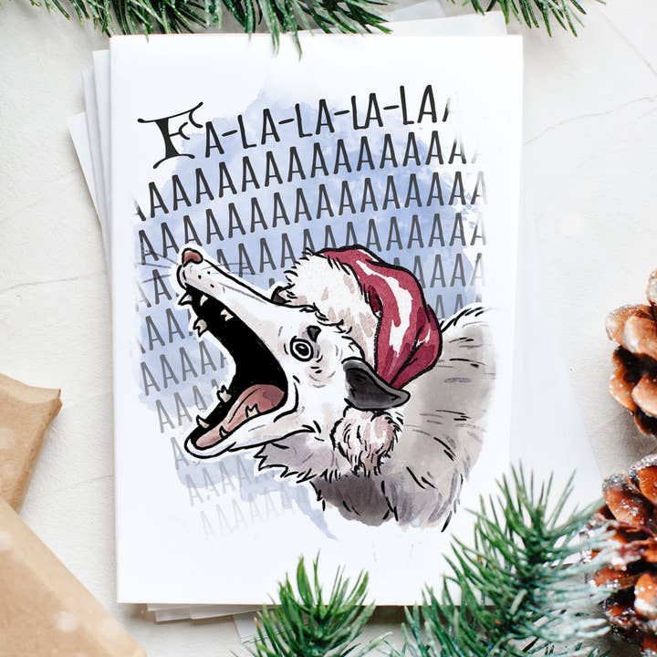 Aaron Millard Illustration - Venta al por mayor Tarjetas de Navidad - Tarjeta de Navidad divertida con memes de zarigüeyas estresadas con texto «Fa La L-AAAA»4
