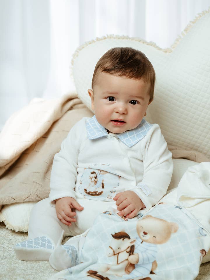 Ecru Cotton Velour Babygrow for Boys Andretti for wholesale on Faire2