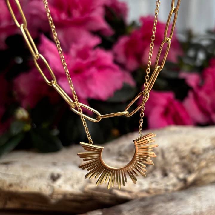 18ct Gold Plated Sunburst Pendant Double Chain Necklace for wholesale by Ocean Ripples
